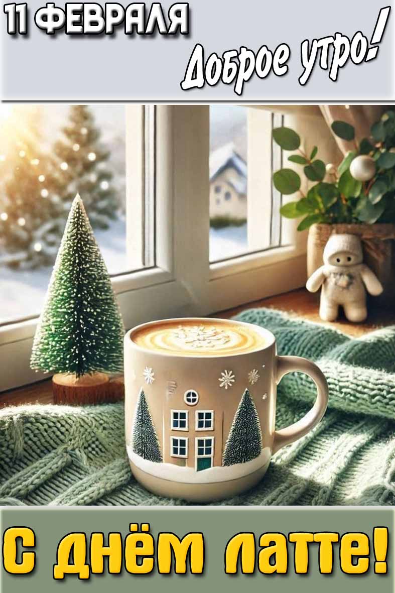 Открытка "11 февраля доброе утро! С днём латте!"
