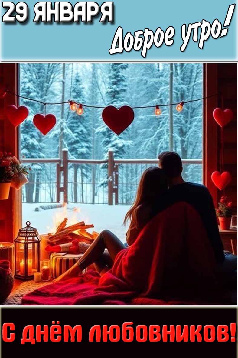 Красивая романтическая открытка с обнимающейся парой на фоне зимнего пейзажа и надписью : "29 января доброе утро! С днём любовников!". Открытка "29 января доброе утро! С днём любовников!"