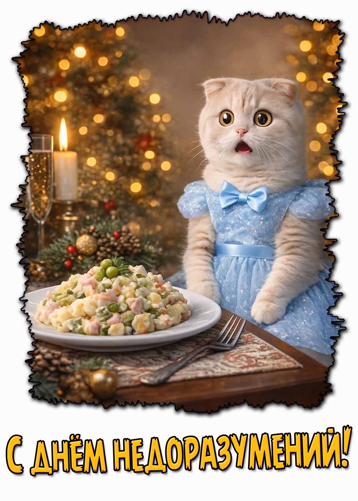 Забавная открытка с кошечкой на день недоразумений