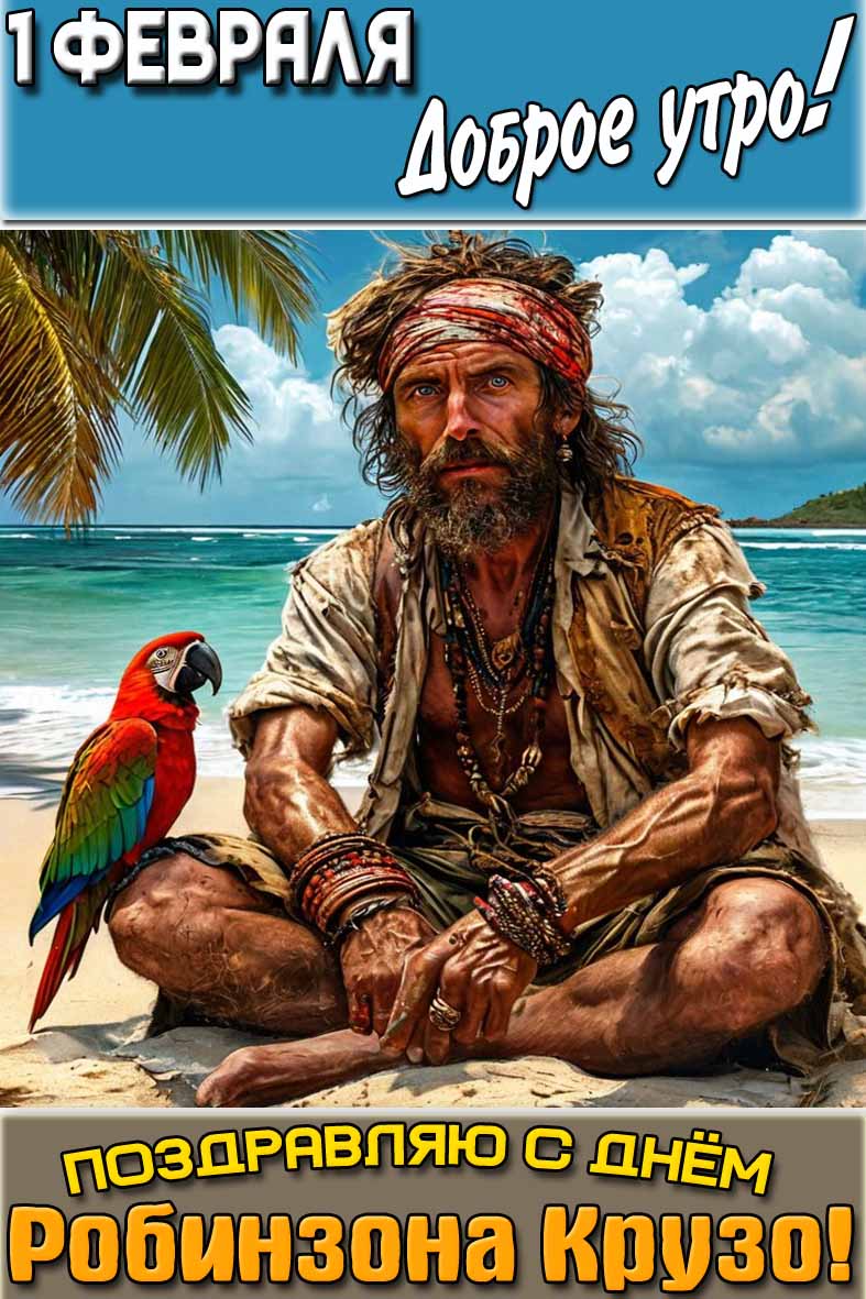 Открытка "1 февраля доброе утро! Поздравляю с днём Робинзона Крузо!"