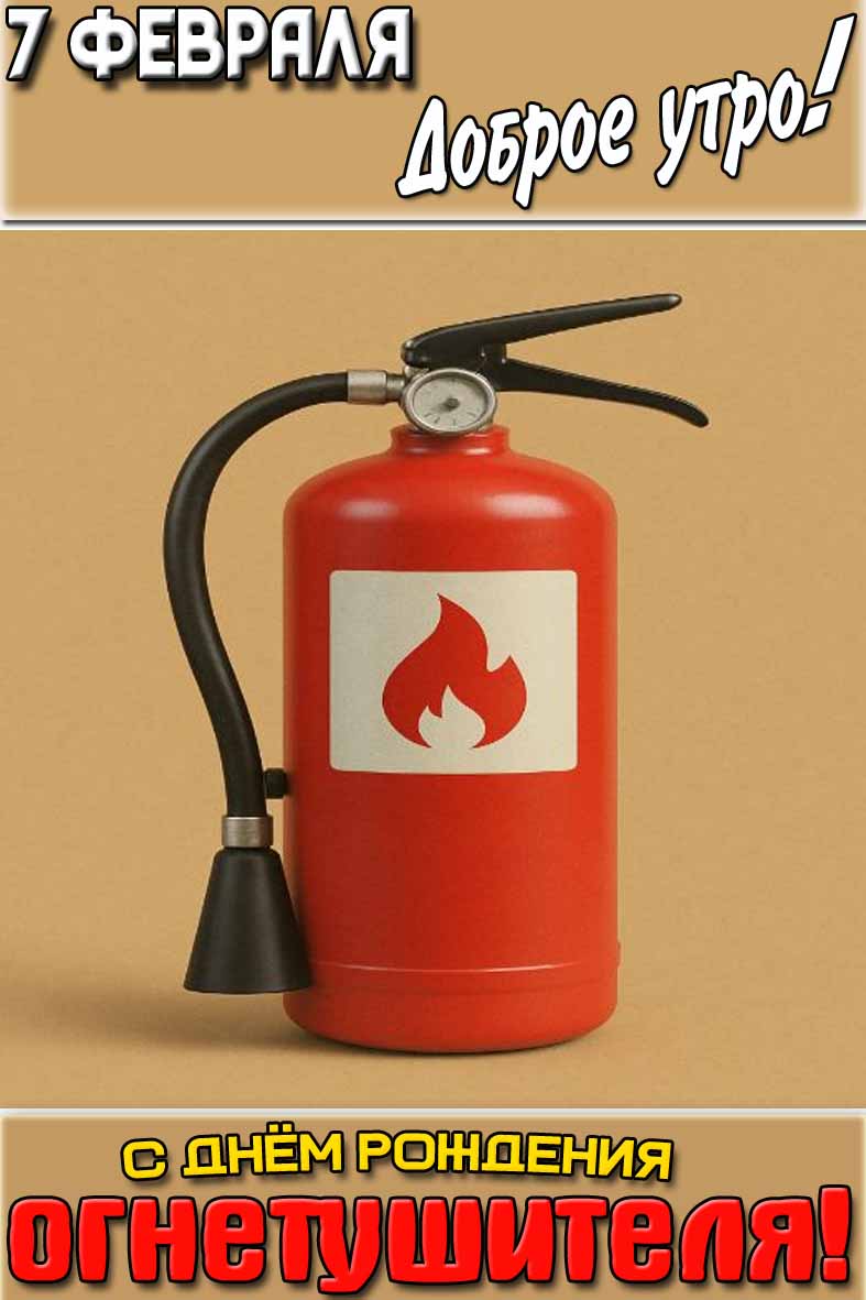 Открытка "7 февраля доброе утро! С днём рождения огнетушителя!"
