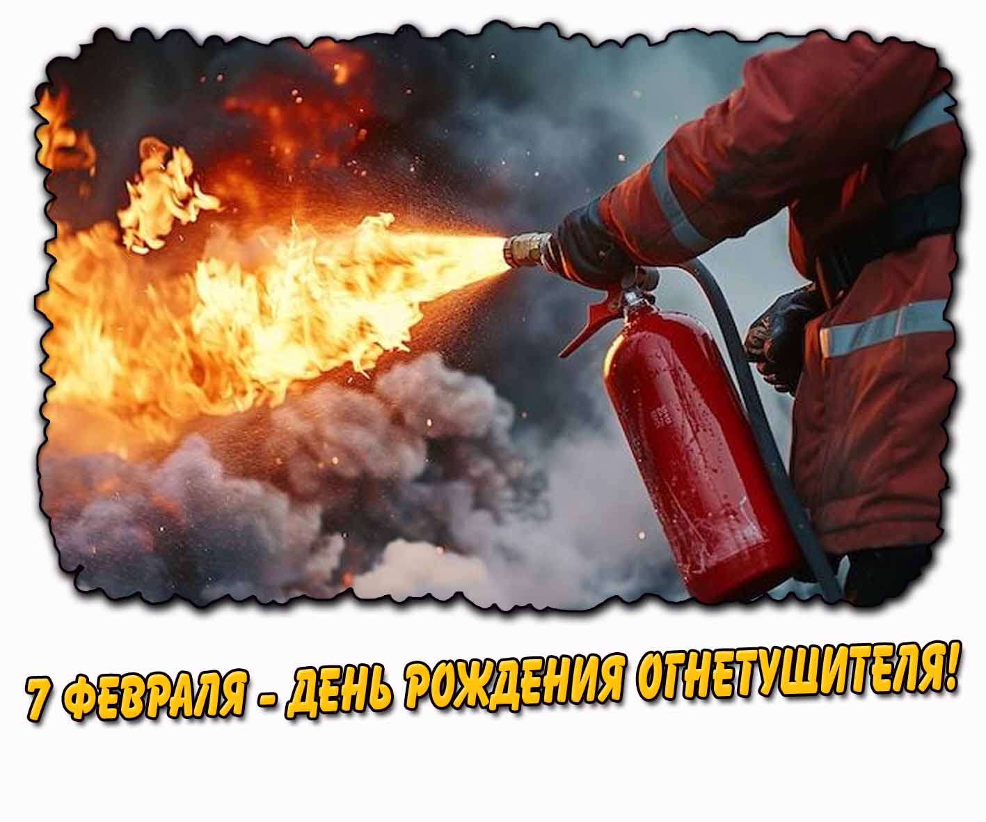 Открытка 7 февраля - день рождения огнетушителя!