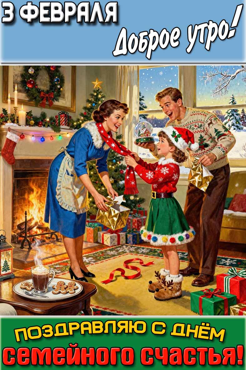 Открытка "3 февраля доброе утро! Поздравляю с днём семейного счастья!"