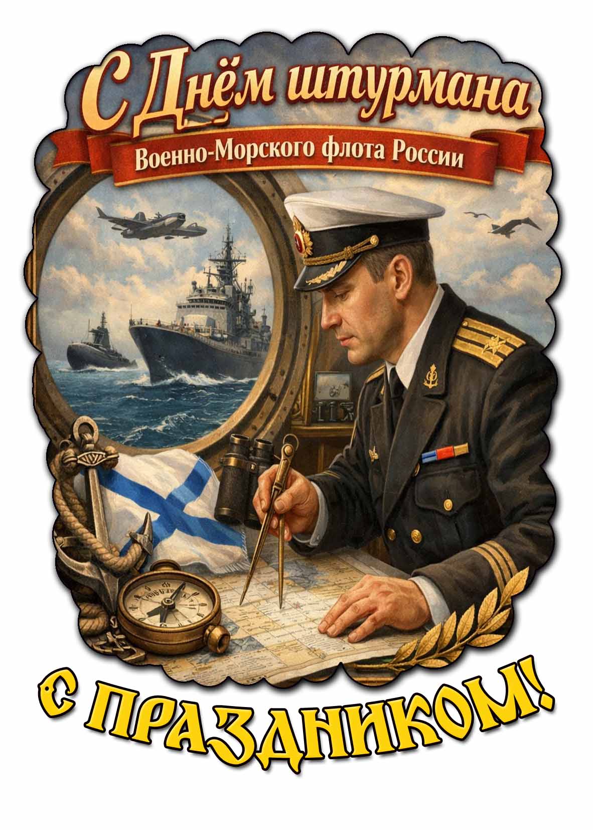 Красивая открытка "С праздником! С днём штурмана Военно-Морского флота России!"