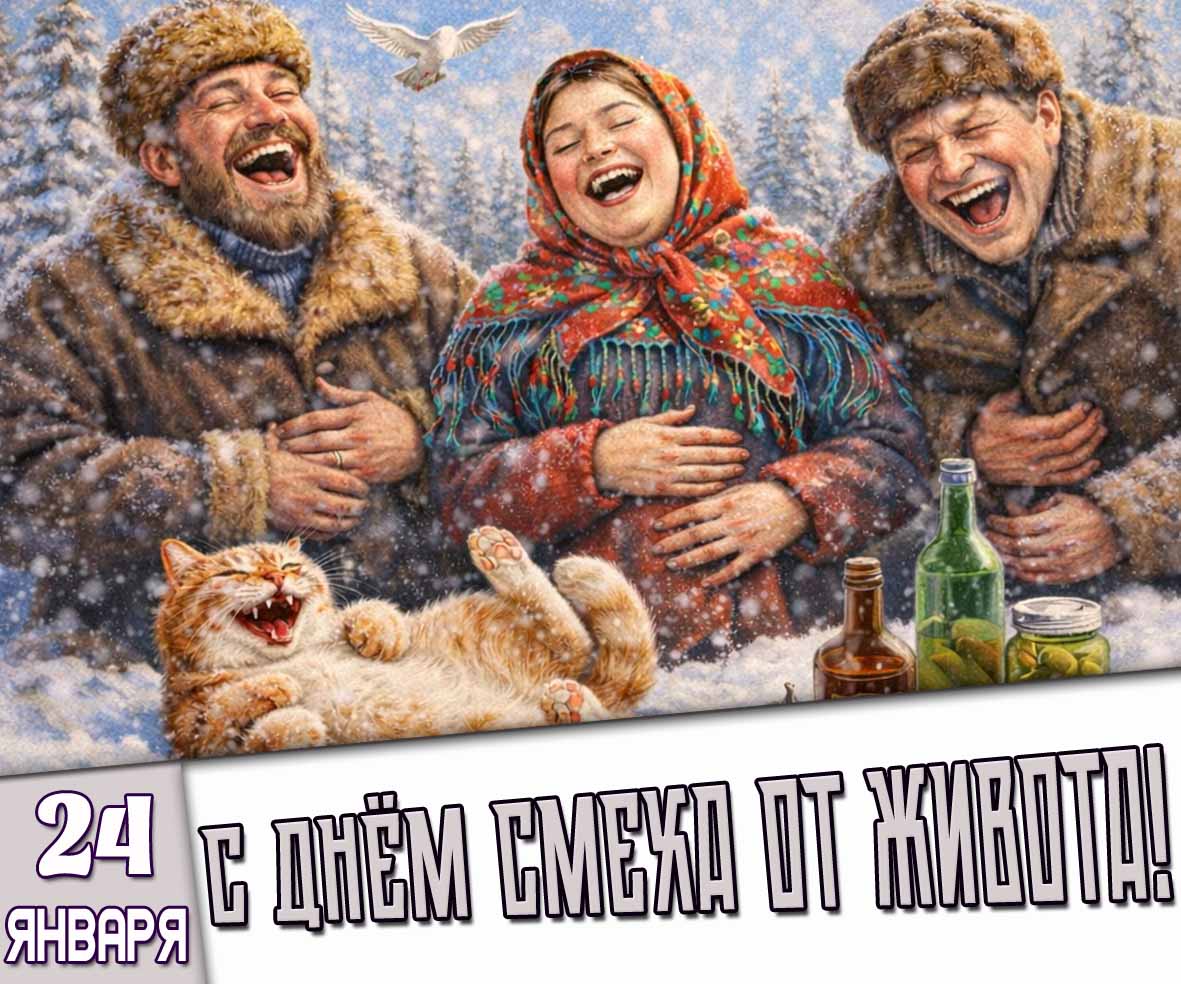 Зимняя открытка с днём смеха от живота - 24 января