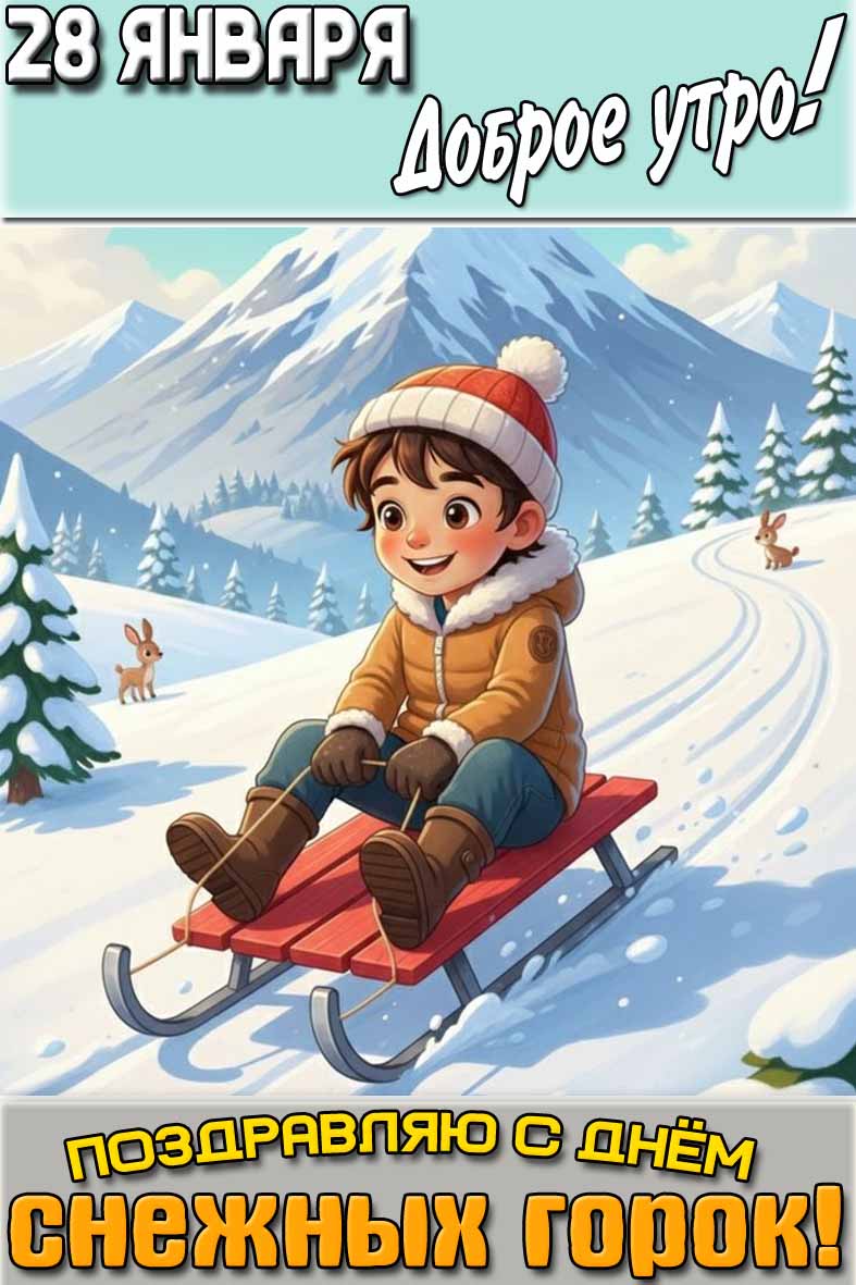 Вертикальная зимняя картинка с мультяшным мальчишкой на санках и надписью : "28 января доброе утро! Поздравляю с днём снежных горок!". Картинка "28 января доброе утро! Поздравляю с днём снежных горок!"