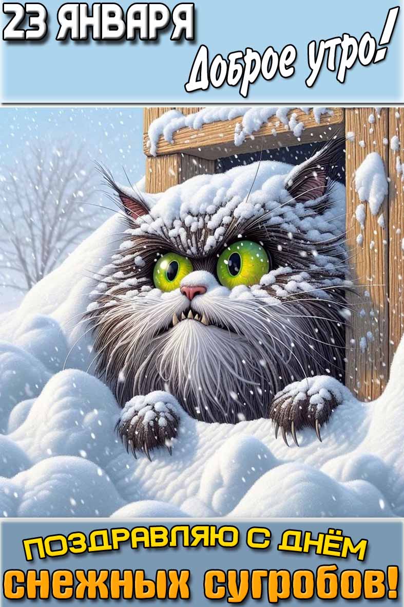 Смешная открытка "23 января доброе утро! Поздравляю с днём снежных сугробов!"