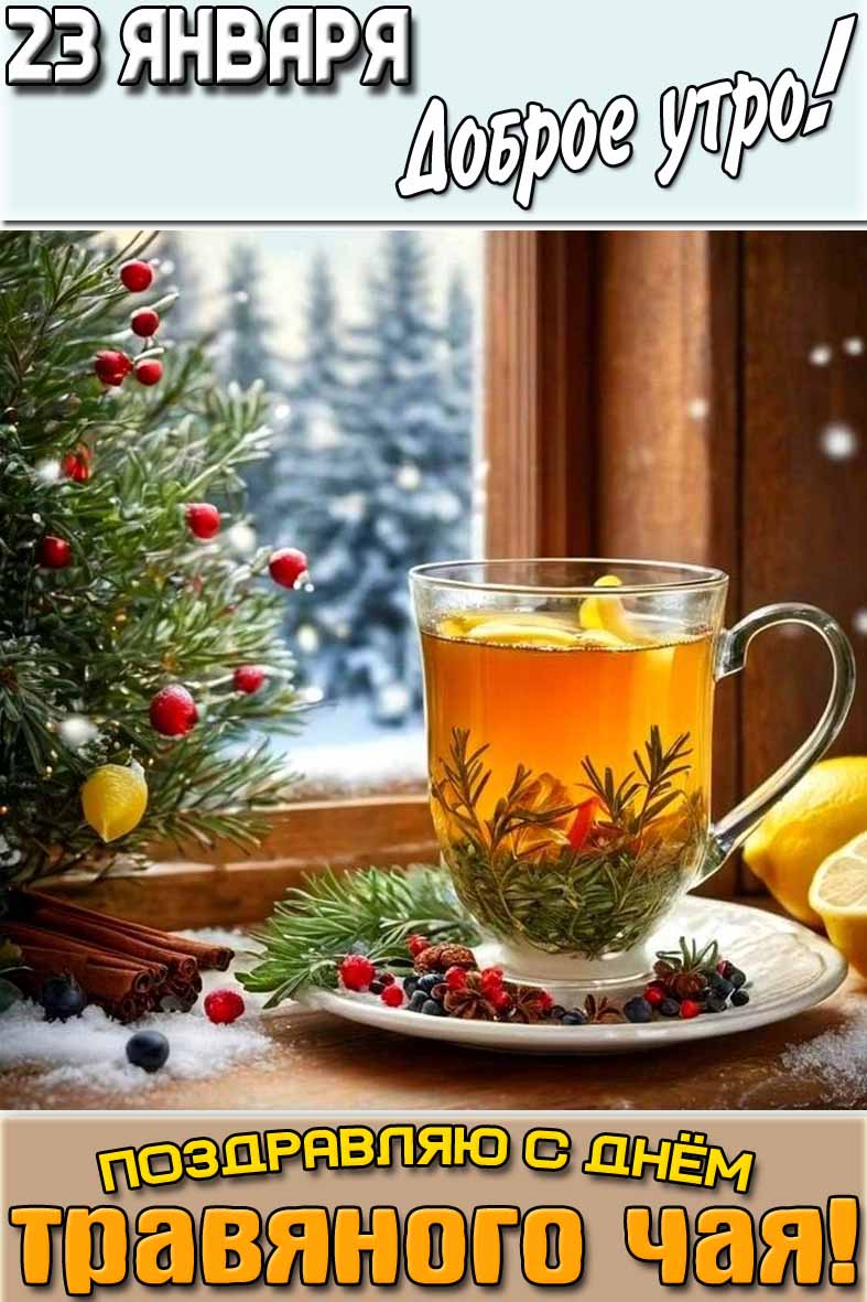 Открытка "23 января доброе утро! Поздравляю с днём травяного чая!"