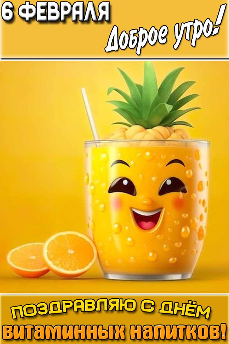 Открытка "6 февраля доброе утро! Поздравляю с днём витаминных напитков!"