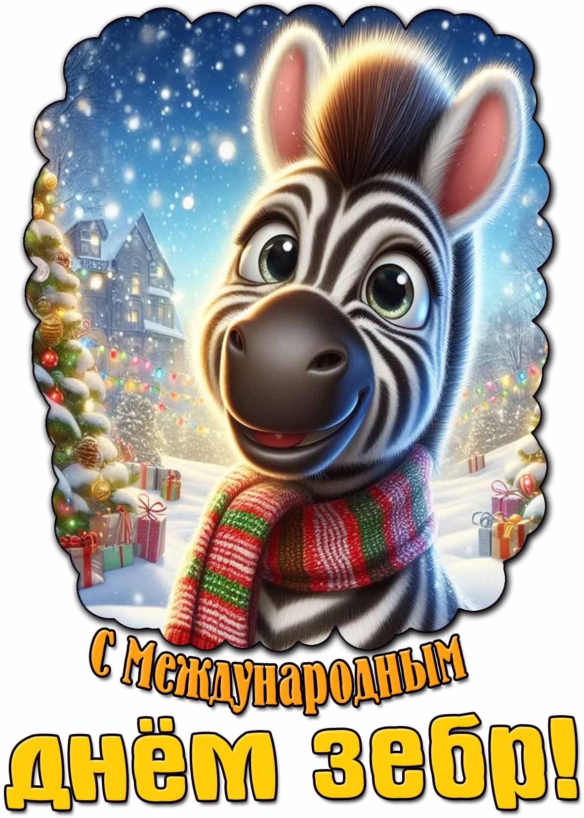 С Международным днём зебр! - красивая зимняя открытка