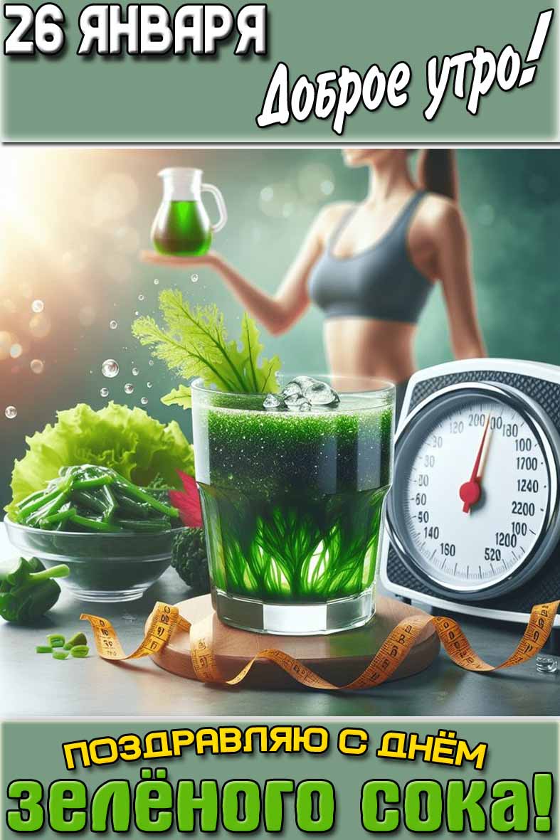 Открытка "26 января доброе утро! Поздравляю с днём зелёного сока!"