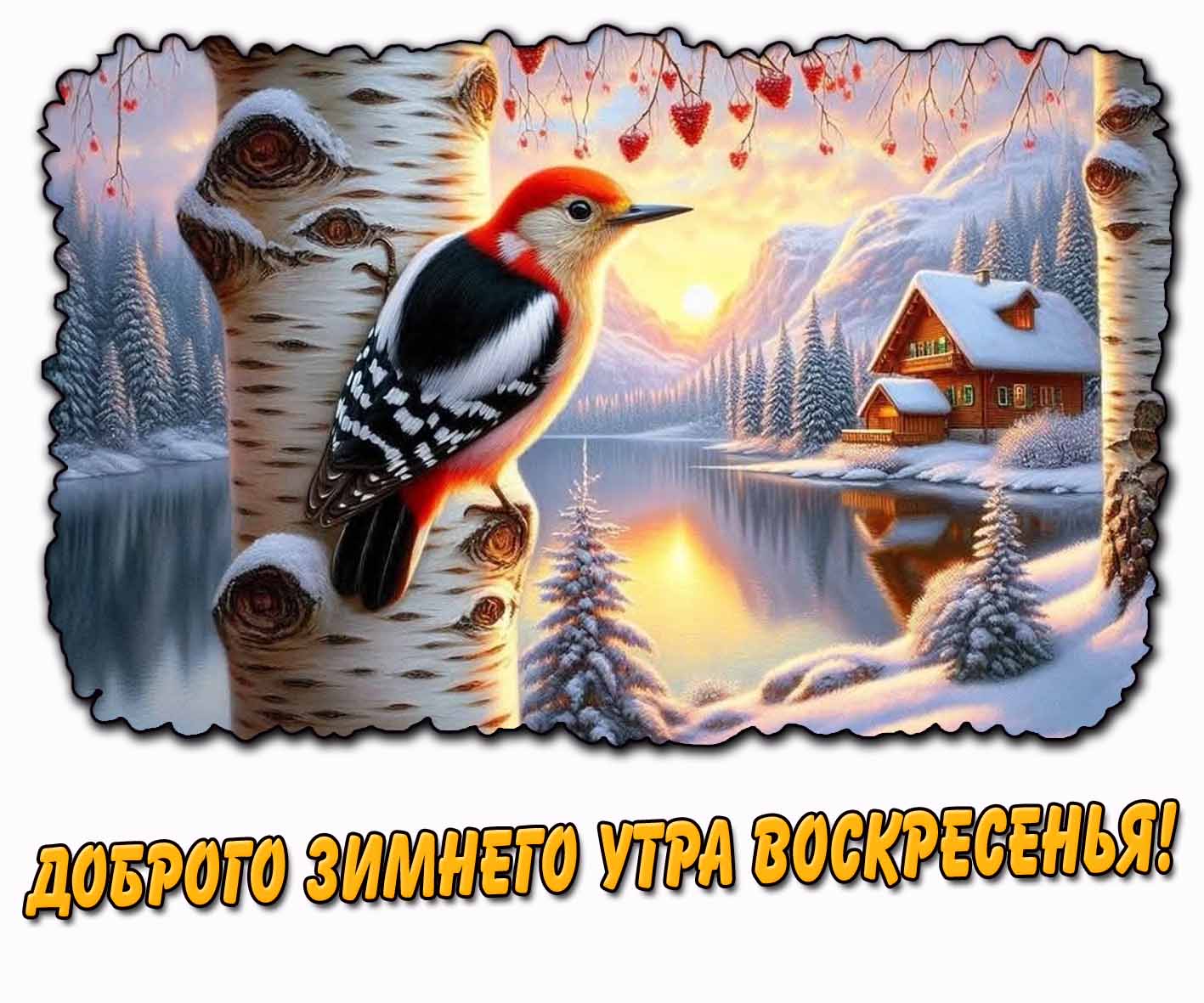Открытка с птичкой "Доброй зимнего утра воскресенья!"