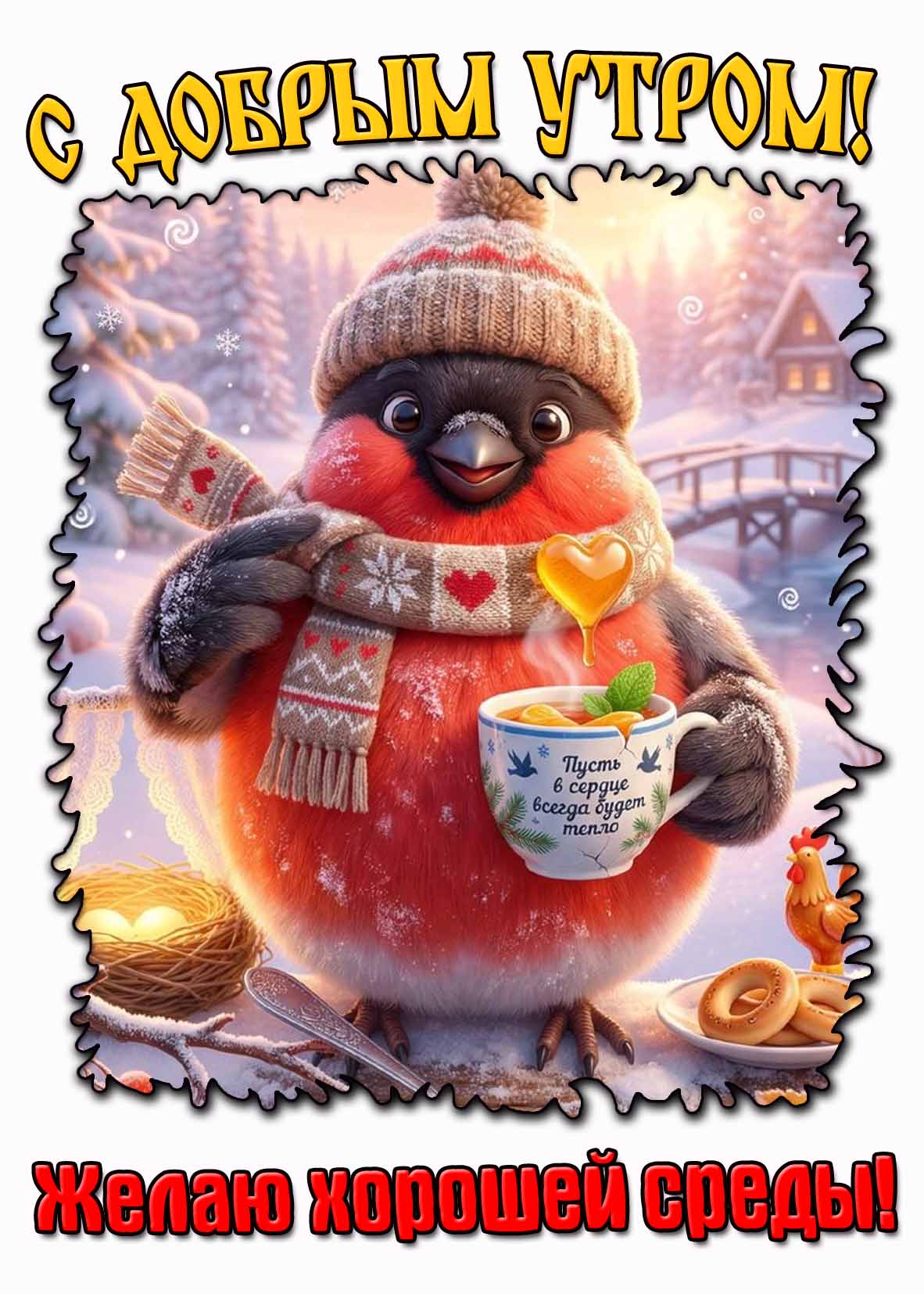 Красивая зимняя картинка "С добрым утром! Желаю хорошей среды! Пусть в сердце всегда будет тепло!"