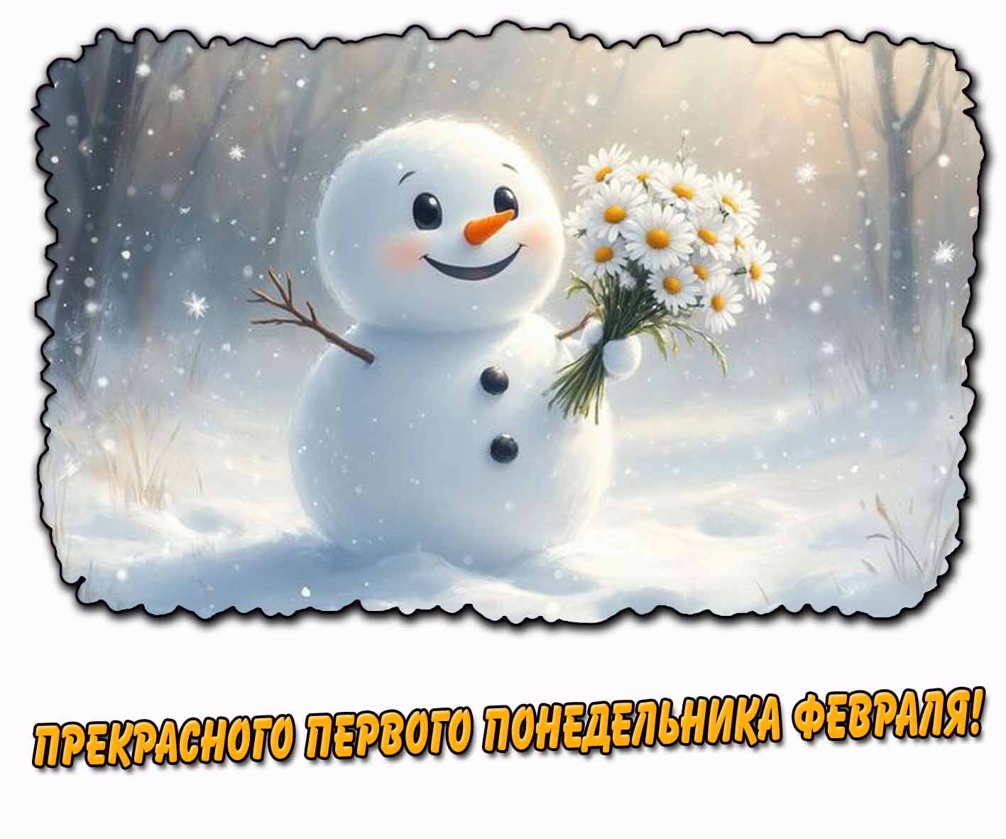 Прекрасного первого понедельника февраля! - открытка со снеговиком