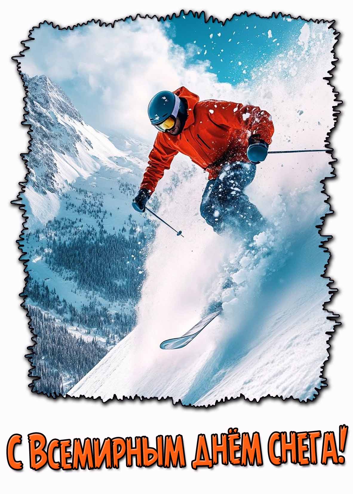 С Всемирным днём снега! - открытка с лыжником