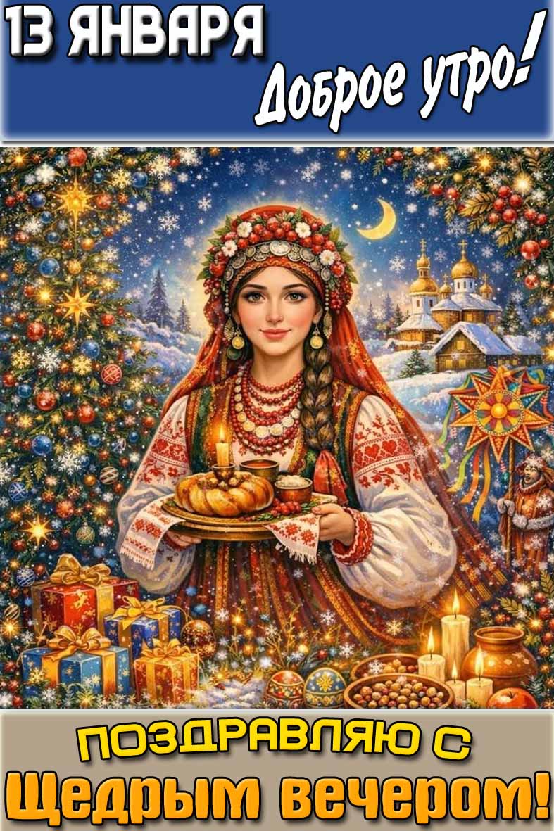 Открытка "13 января доброе утро! Поздравляю с щедрым вечером!"