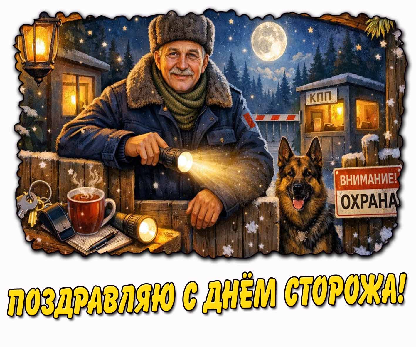 Зимняя открытка "Поздравляю с днём сторожа! Внимание охрана!"