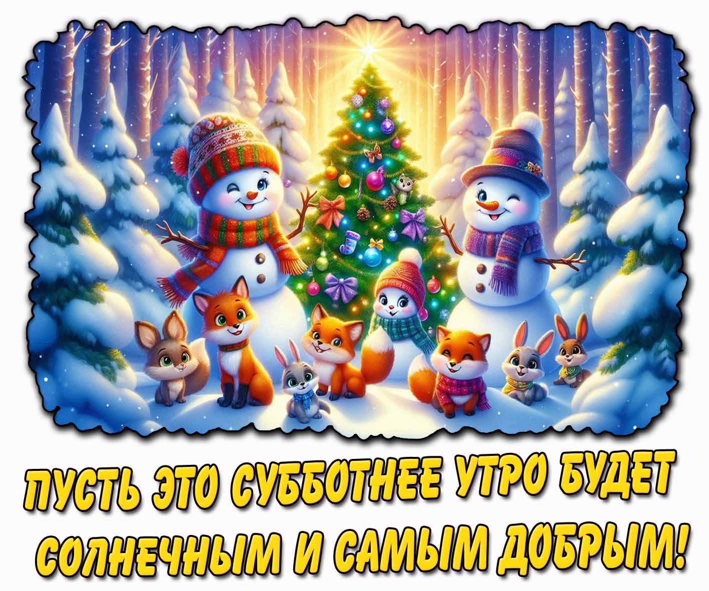Прикольная открытка со снеговиками и зверятами у ёлки в зимнем лесу и надписью : Пусть это субботнее утро будет солнечным и самым добрым! Зимняя открытка "Пусть это субботнее утро будет солнечным и самым добрым!"
