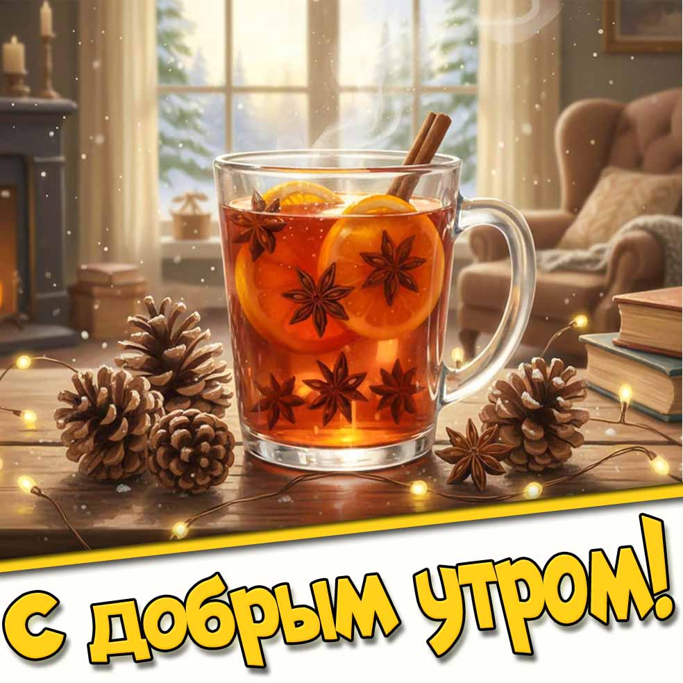 Зимняя картинка "С добрым утром!" с чашкой чая