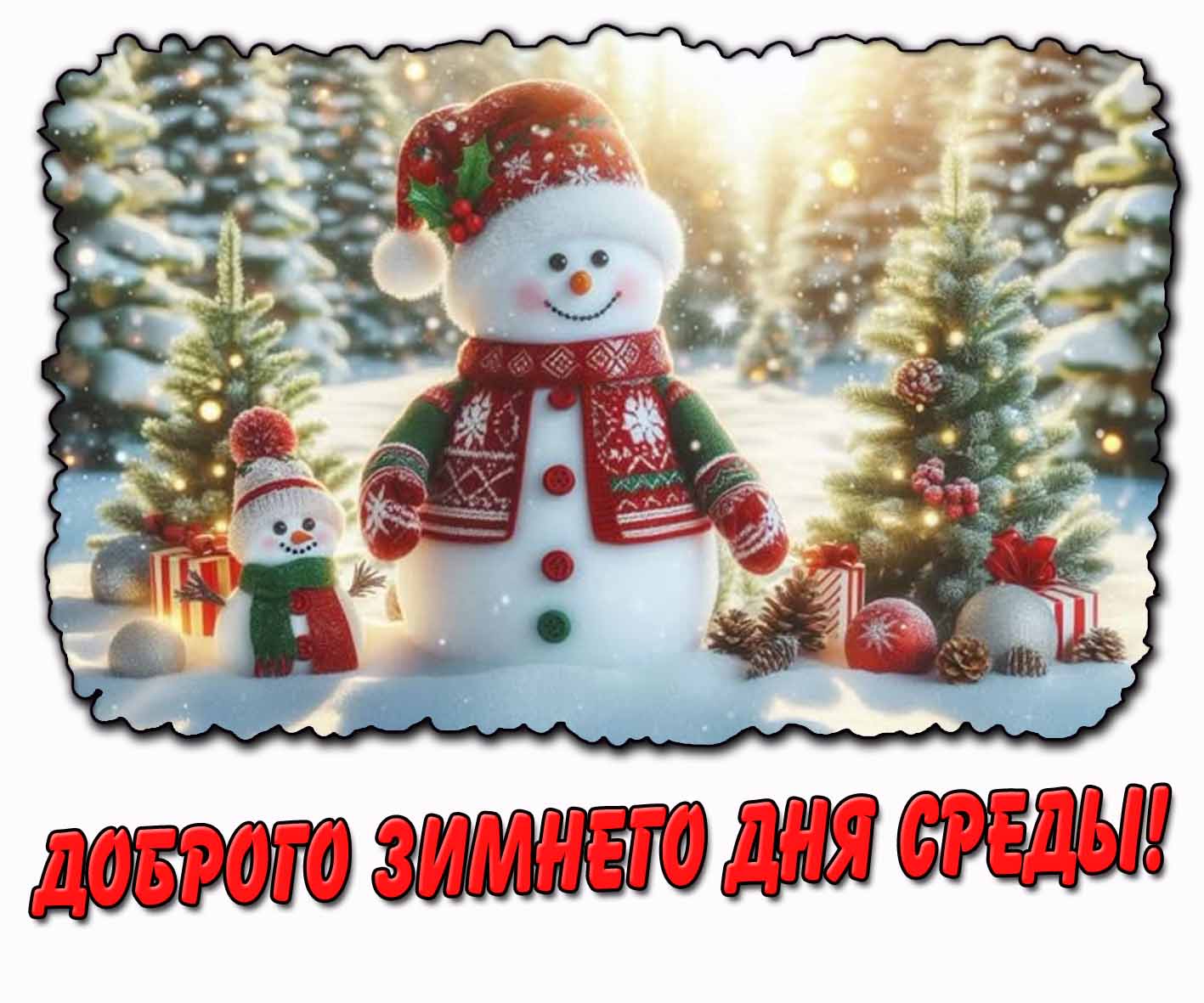 Доброго зимнего дня среды! - открытка со снеговиком