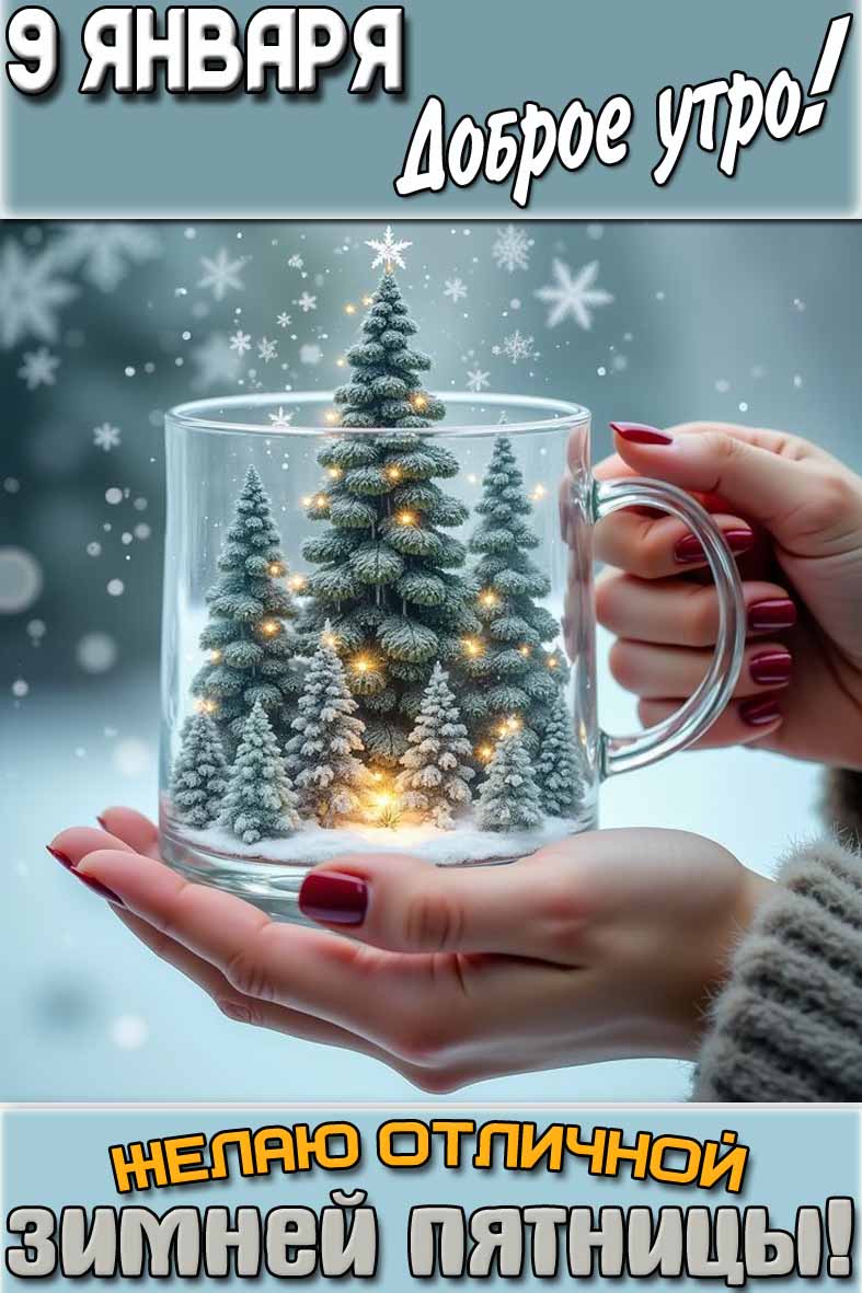 Красивая снежная картинка с ёлочками вместо кофе в чашке и надписью : "9 января доброе утро! Желаю отличной зимней пятницы!". Картинка "9 января доброе утро! Желаю отличной зимней пятницы!"