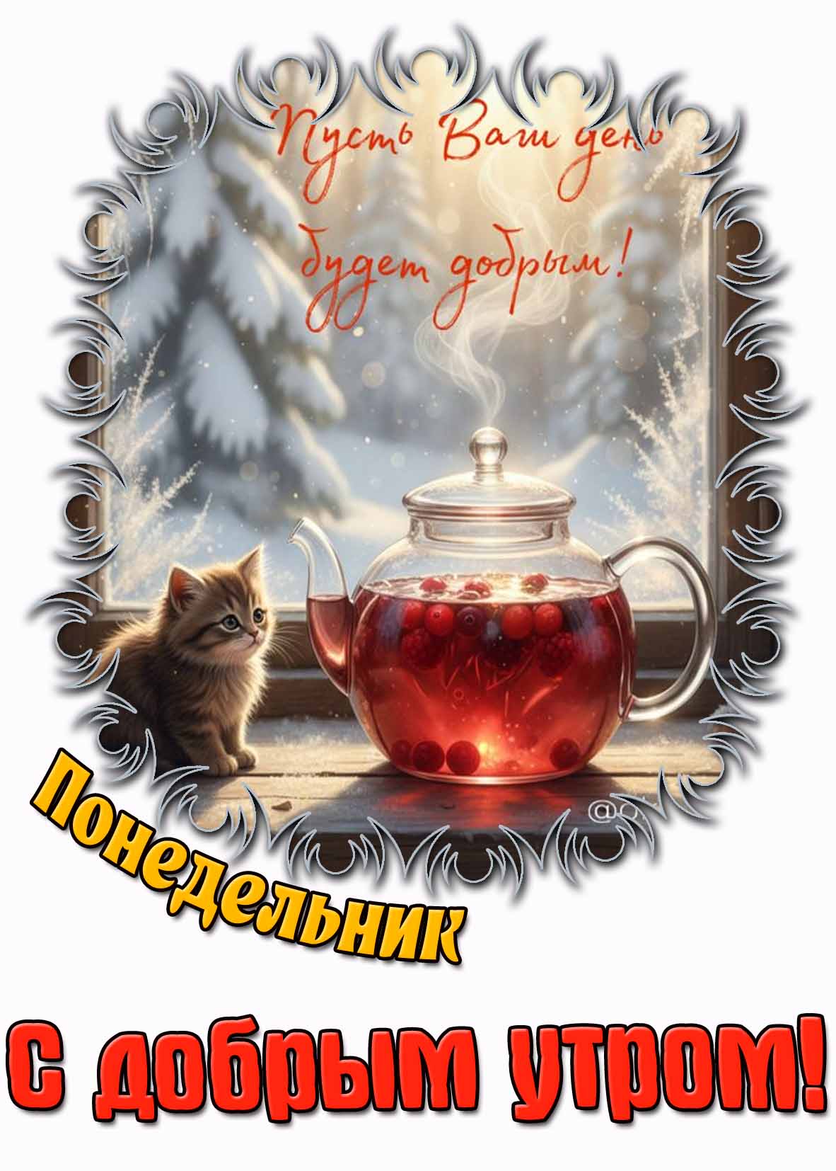 Зимняя картинка "Понедельник с добрым утром! Пусть Ваш день будет добрым!"