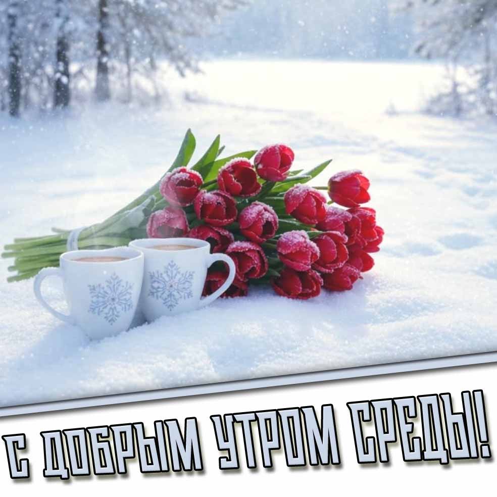 С добрым утром среды! - зимняя открытка с кофе и тюльпанами