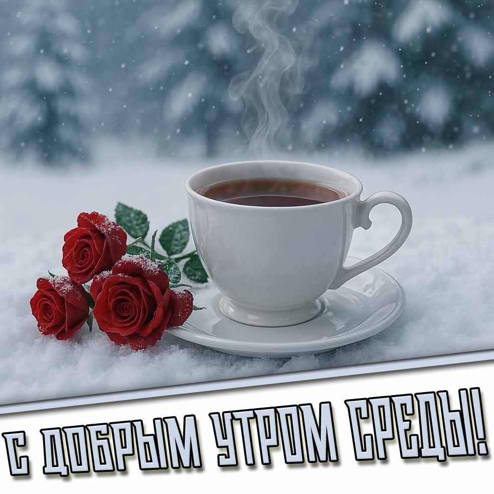 С добрым утром среды! - зимняя картинка с кофе и розами