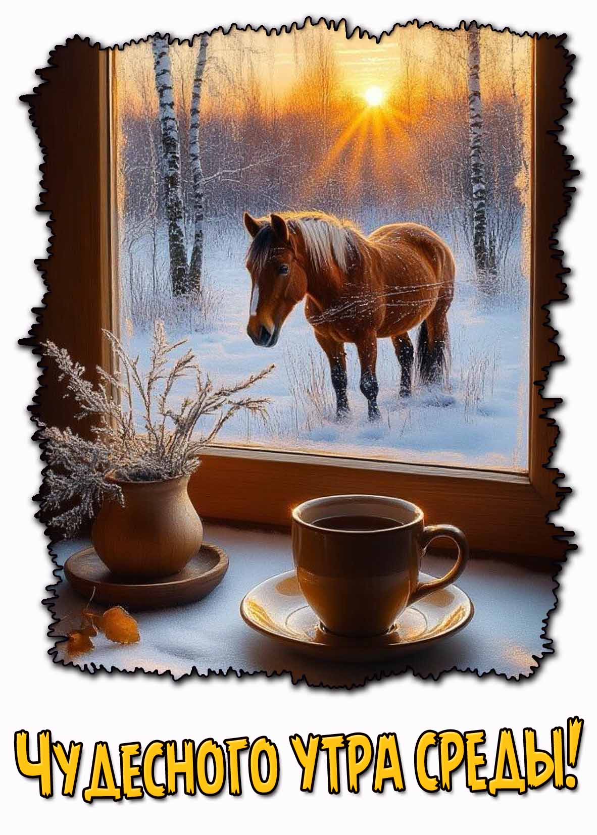 Чудесного утра среды! - зимняя открытка с лошадью