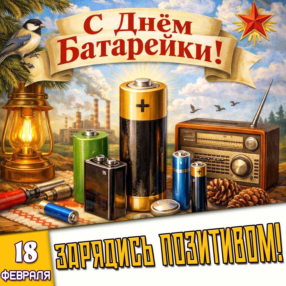 Открытка "18 февраля - с днём батарейки! Зарядись позитивом!"
