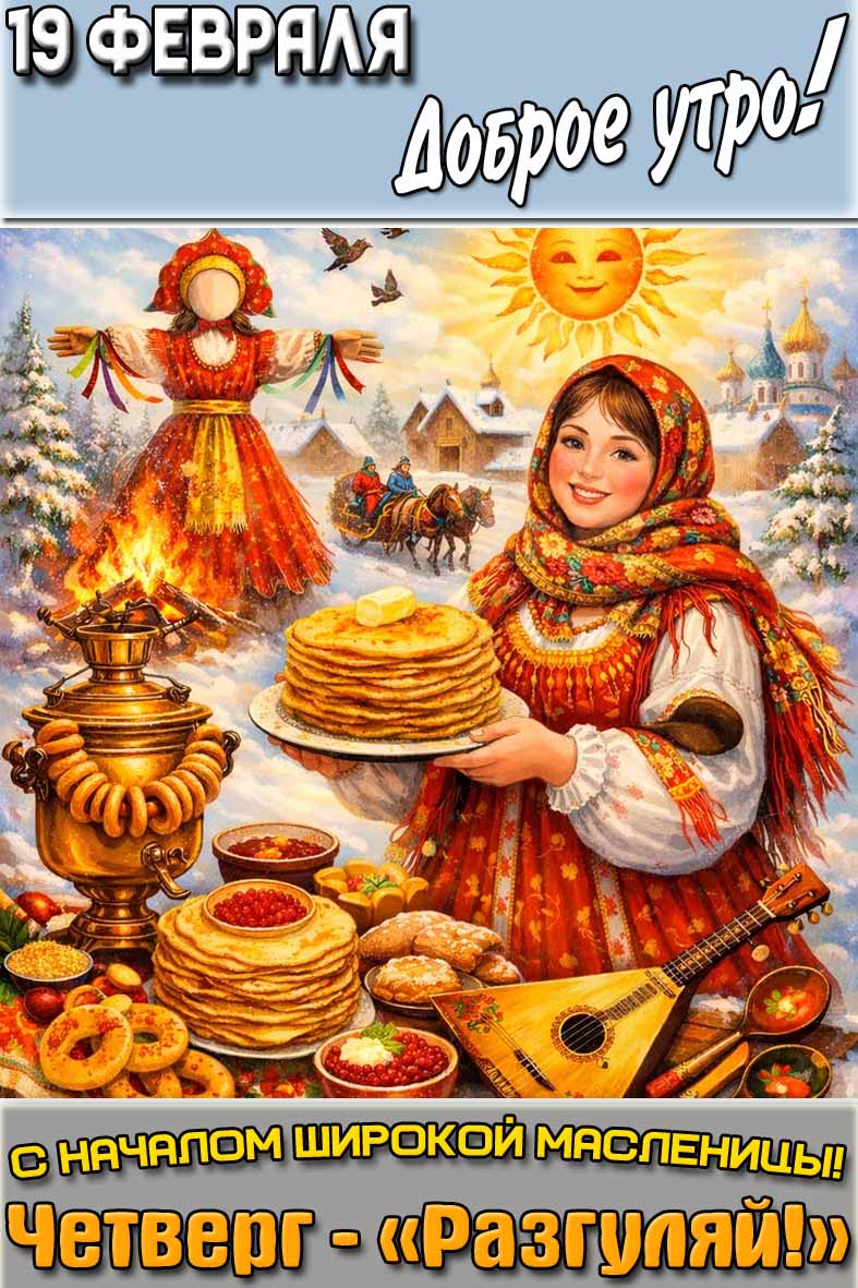 Открытка "19 февраля доброе утро! С началом Широкой Масленицы! Четверг - «Разгуляй!»"