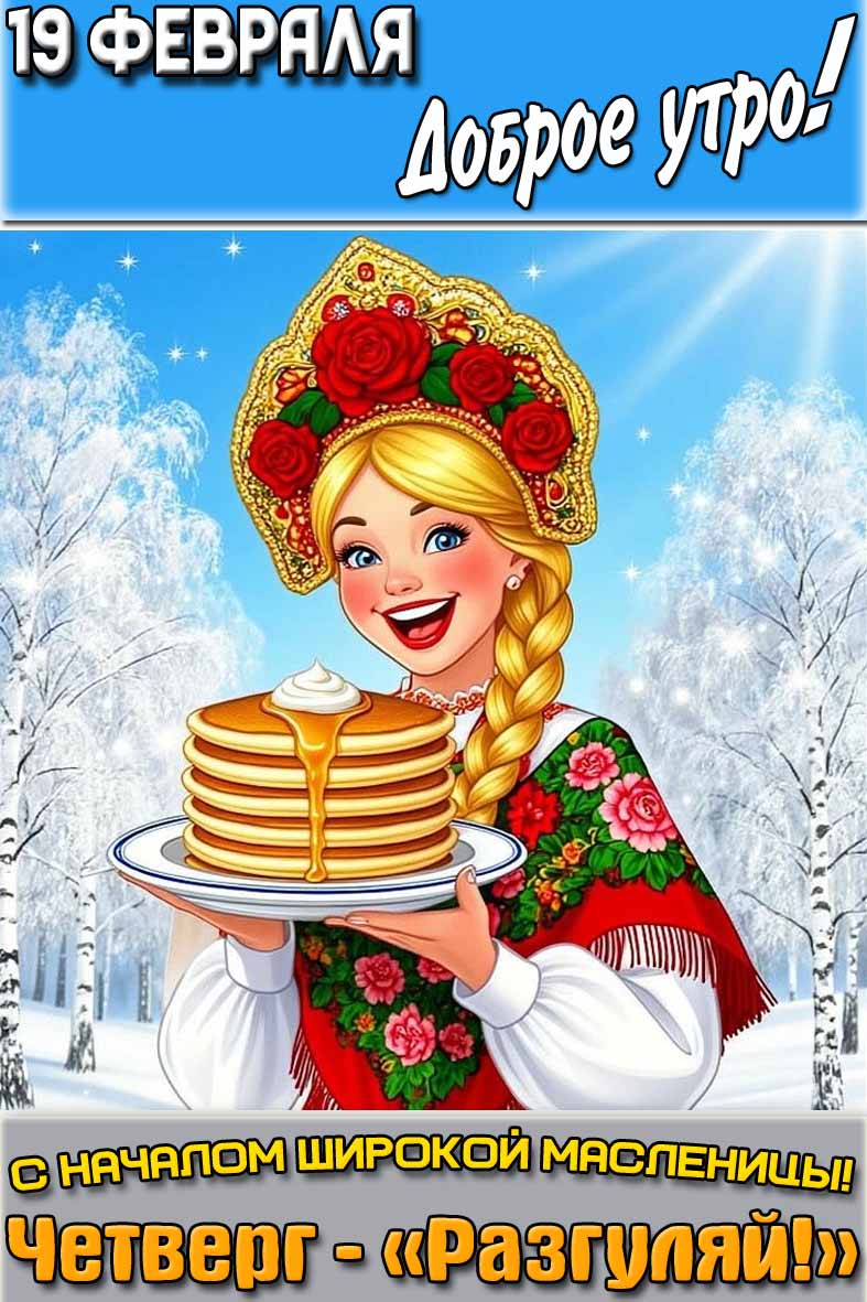 Картинка "19 февраля доброе утро! С началом Широкой Масленицы! Четверг - «Разгуляй!»"