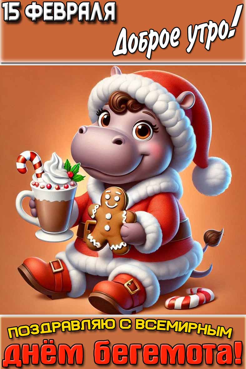 Открытка "15 февраля доброе утро! Поздравляю с Всемирным днём бегемота!"
