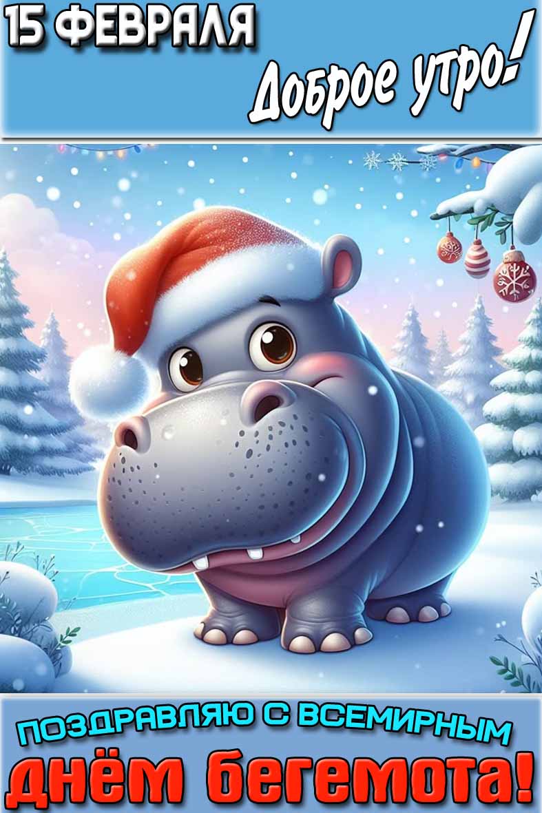 Мультяшная картинка "15 февраля доброе утро! Поздравляю с Всемирным днём бегемота!"