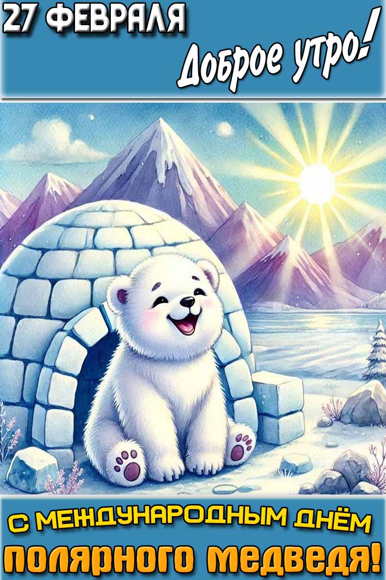 Открытка "27 февраля доброе утро! С Международным днём полярного медведя!"