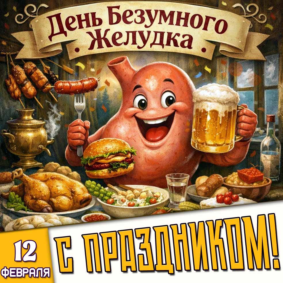Прикольная открытка "12 февраля - день безумного желудка! С праздником!"