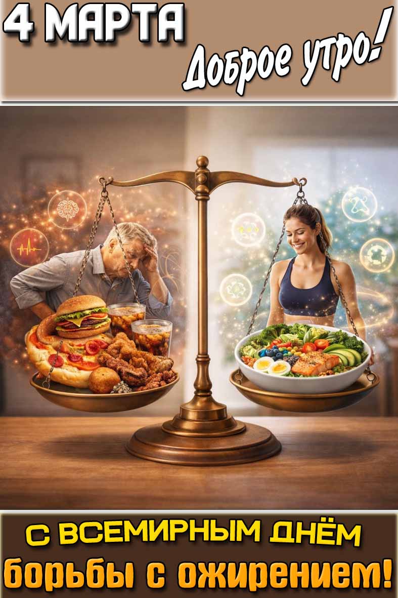 Открытка "4 марта доброе утро! С Всемирным днём борьбы с ожирением!"
