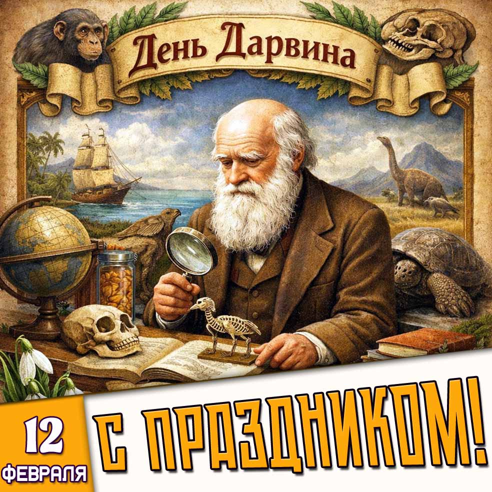 Открытка "12 февраля - день Дарвина! С праздником!"