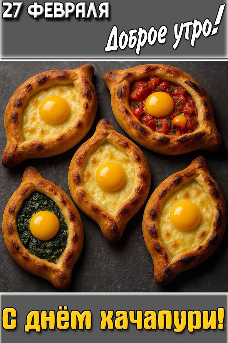 Открытка "27 февраля доброе утро! С днём хачапури!"