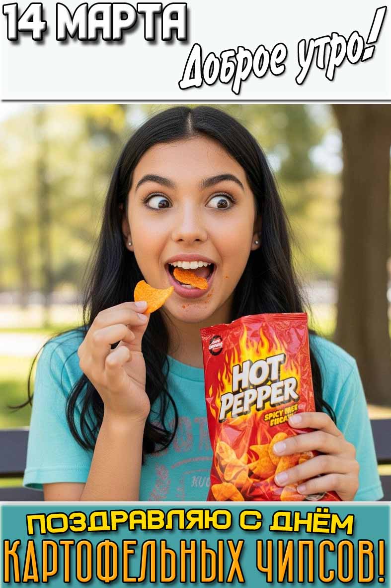 Открытка "14 марта доброе утро! Поздравляю с днём картофельных чипсов!"