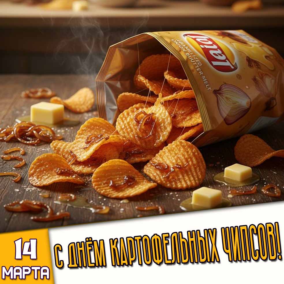 Открытка 14 марта - с днём картофельных чипсов!