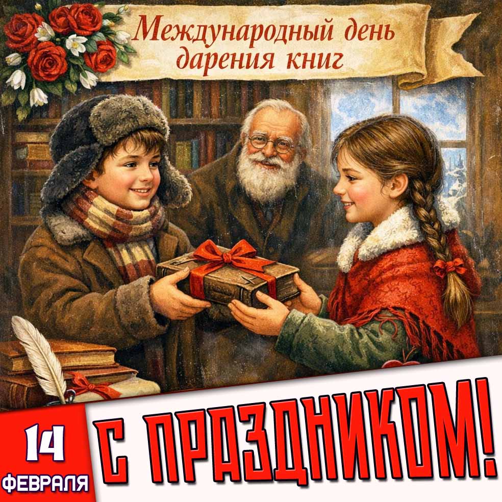 Открытка "14 февраля - Международный день дарения книг! С праздником!"