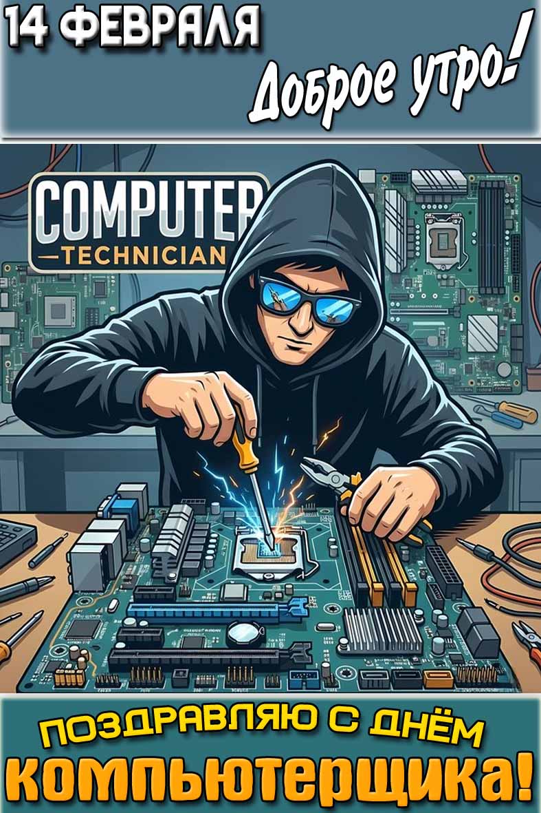 Открытка "14 февраля доброе утро! Поздравляю с днём компьютерщика!"