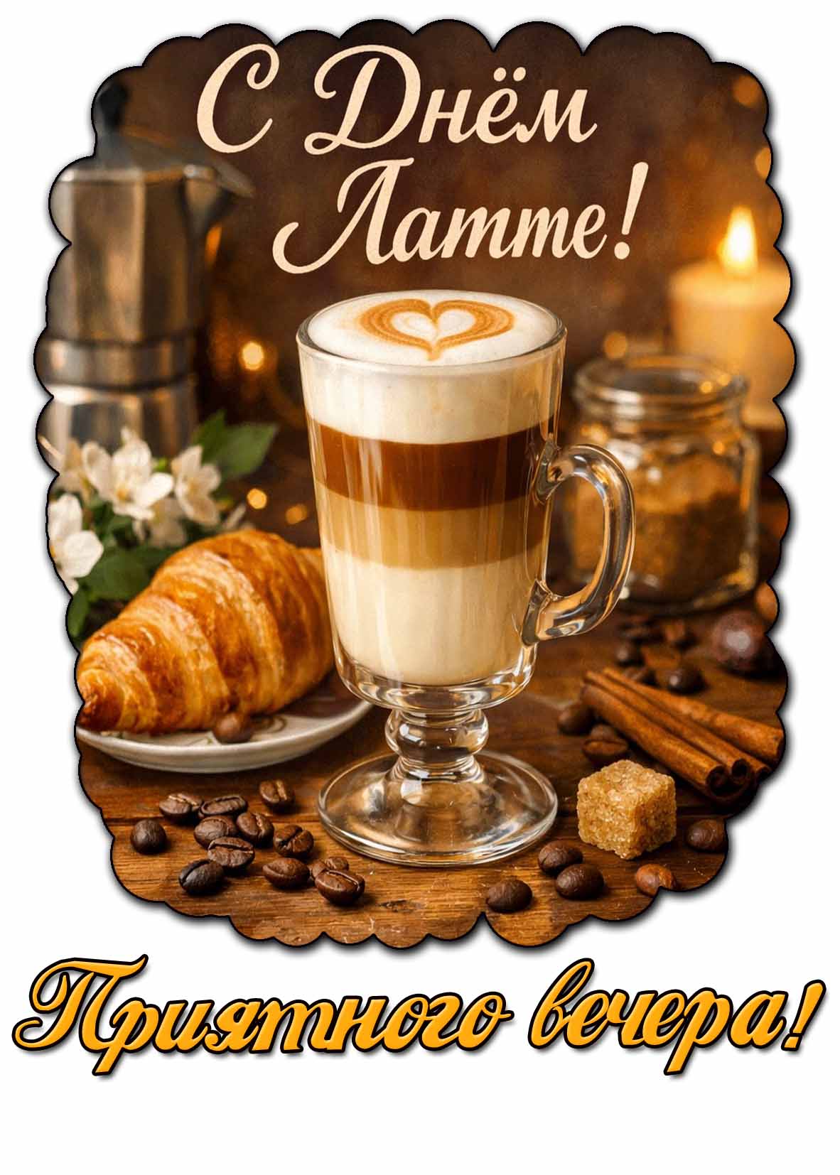 Открытка "С днём латте! Приятного вечера!"