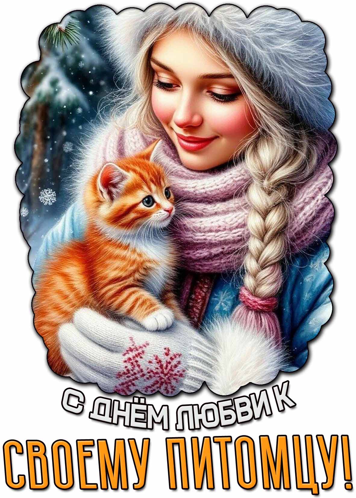 С днём любви к своему питомцу! - открытка с девушкой с котёнком