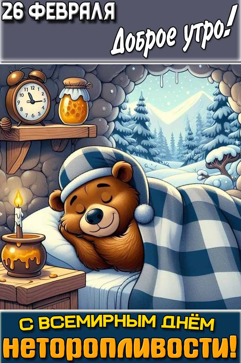 Прикольная зимняя картинка со спящим в берлоге медведем и надписью : "26 февраля доброе утро! С Всемирным днём неторопливости!". Картинка "26 февраля доброе утро! С Всемирным днём неторопливости!"
