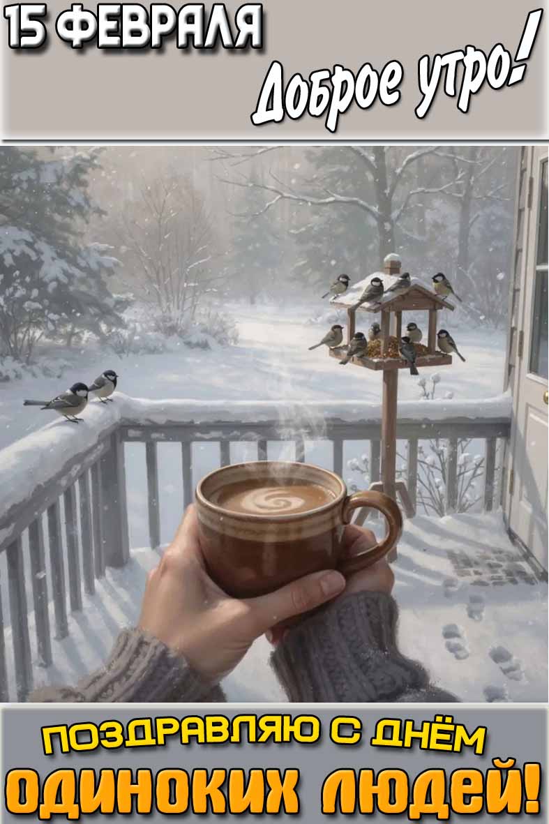 Открытка "15 февраля доброе утро! Поздравляю с днём одиноких людей!"
