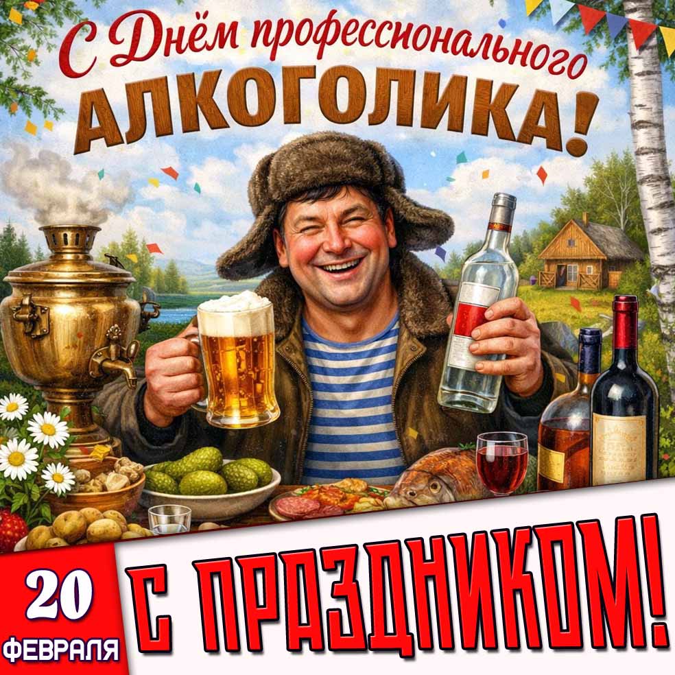 Прикольная картинка с мужиком с кружкой пива и бутылкой водки к 20 февраля - С днём профессионального алкоголика! С праздником! Картинка "20 февраля - С днём профессионального алкоголика! С праздником!"