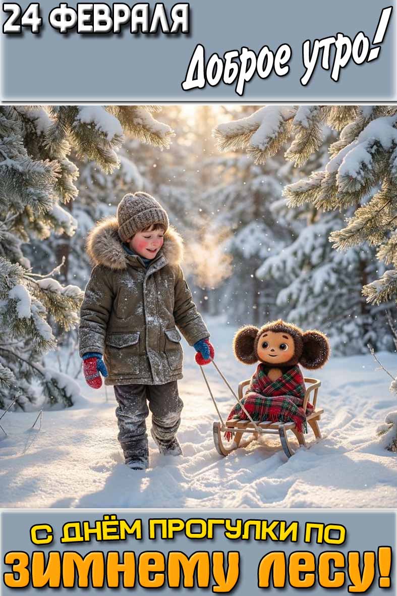 Открытка "24 февраля доброе утро! С днём прогулки по зимнему лесу!"