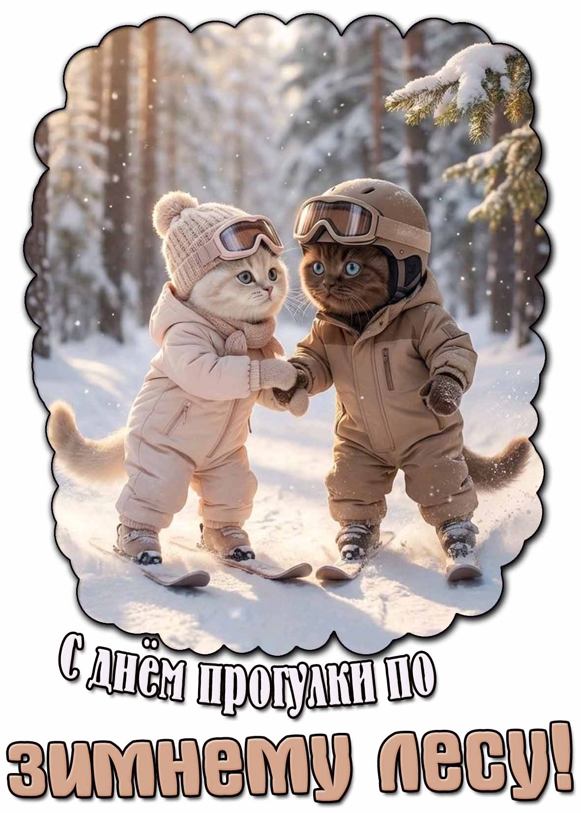 С днём прогулки по зимнему лесу! - прикольная открытка с котами